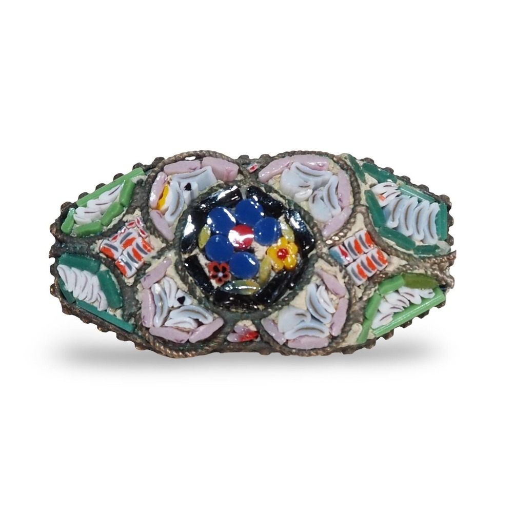 Vintage Italian Micro Mosaic Floral Brooch Pin Glass Tesserae Italy 1.75"